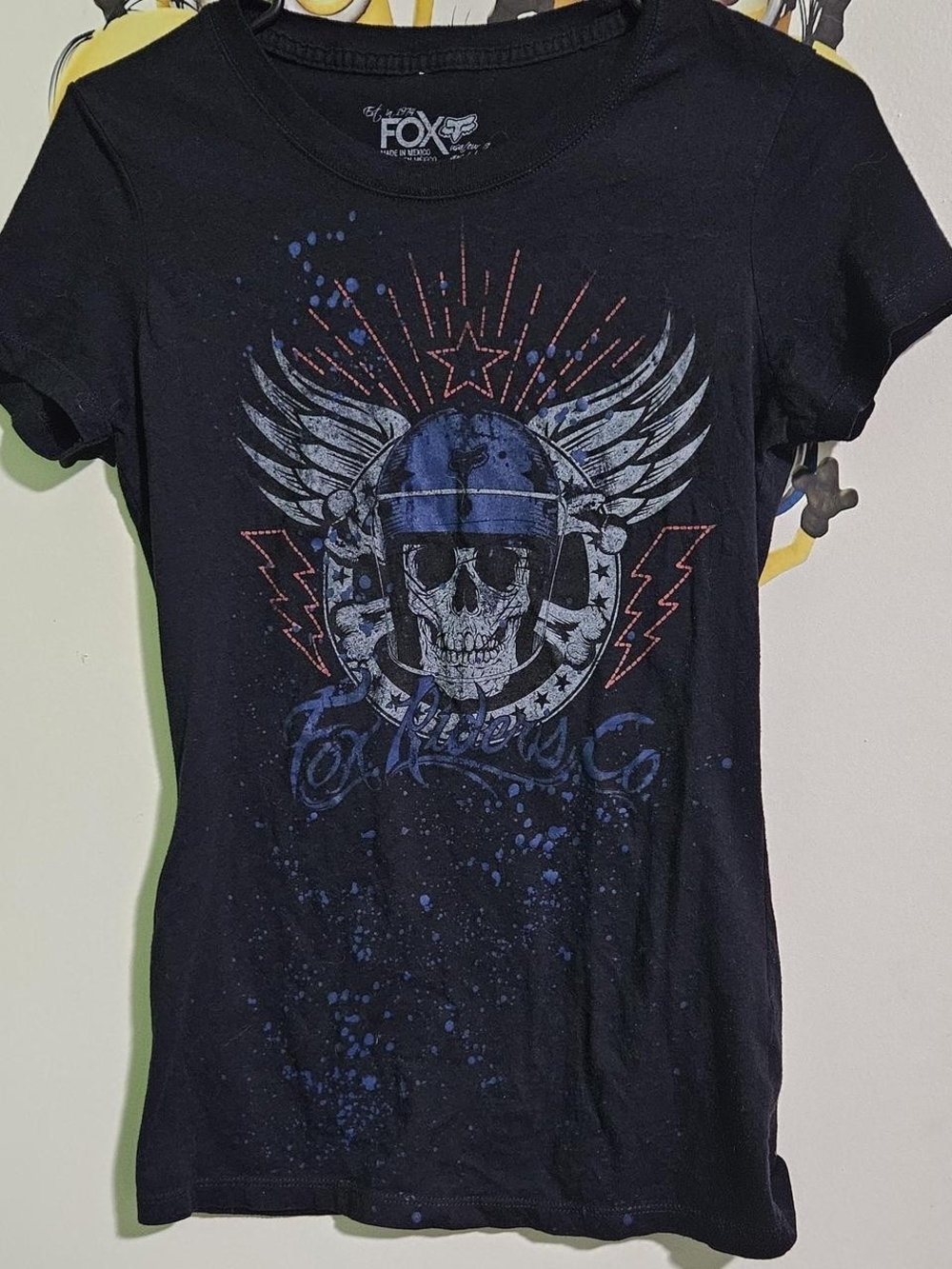 Fox Black Short Sleeve Tee with Blue and Red Winged Skull Graphic